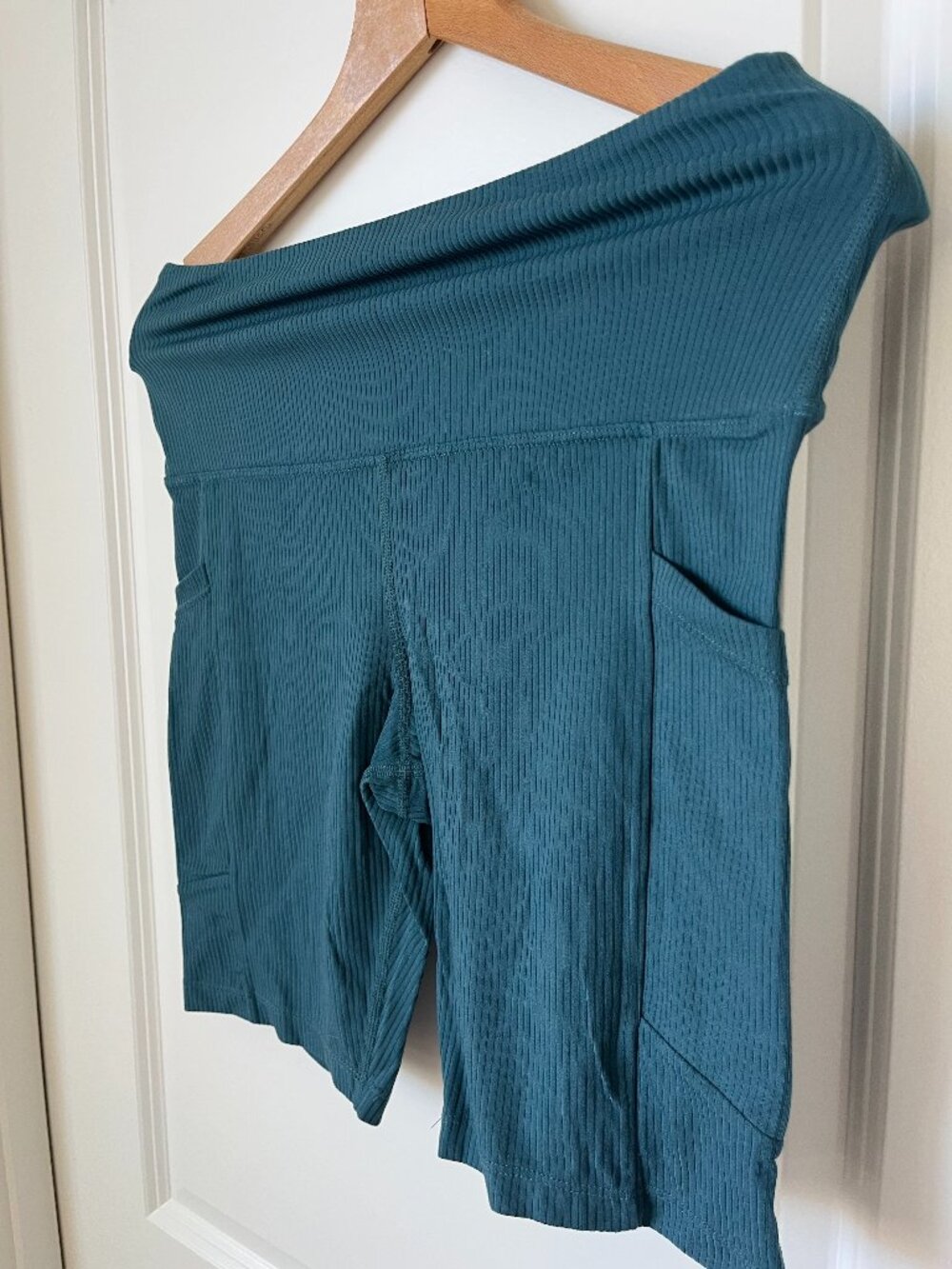 Teal Ribbed Biker Shorts with Pockets